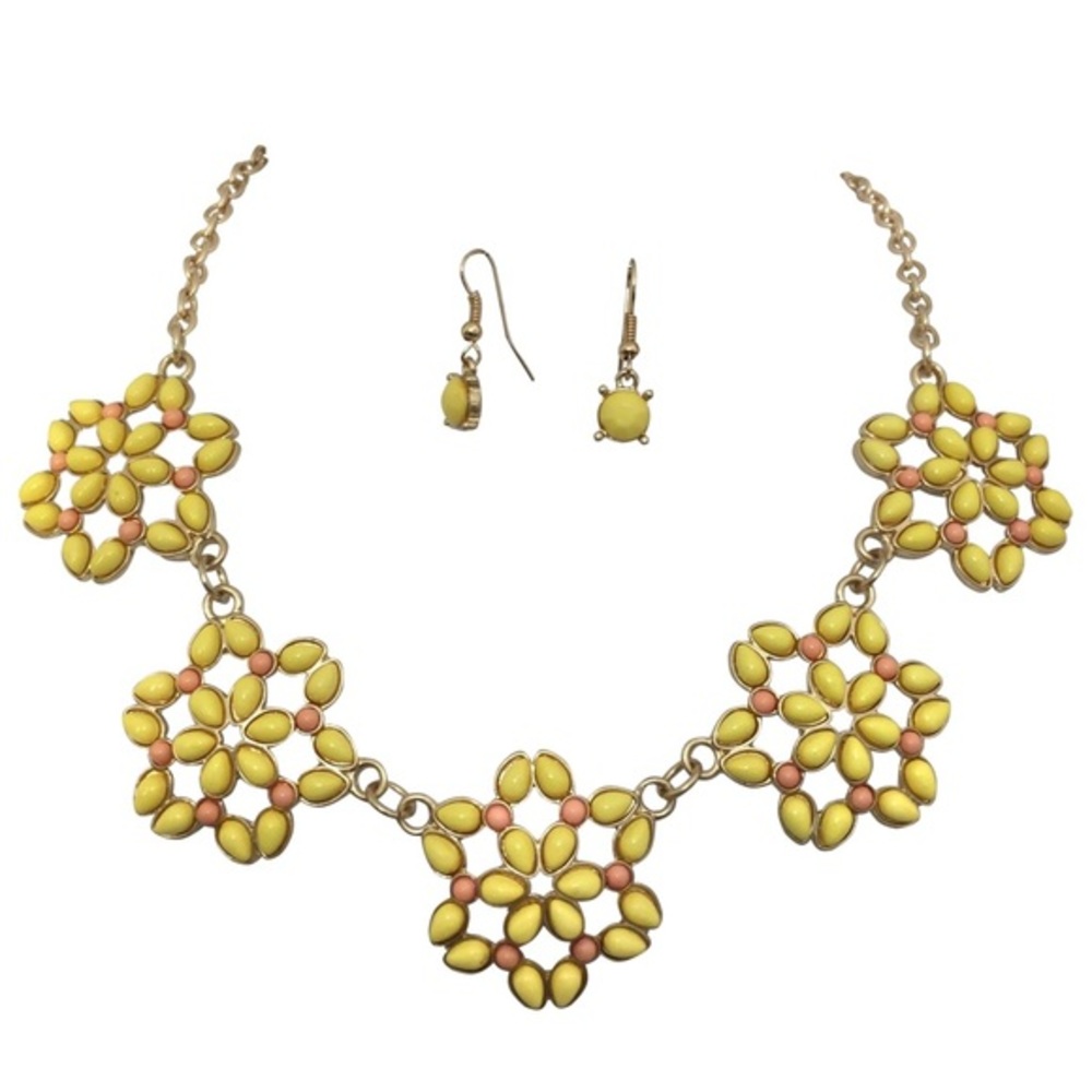 Yellow Peach Open Flower Necklace Earrings Set